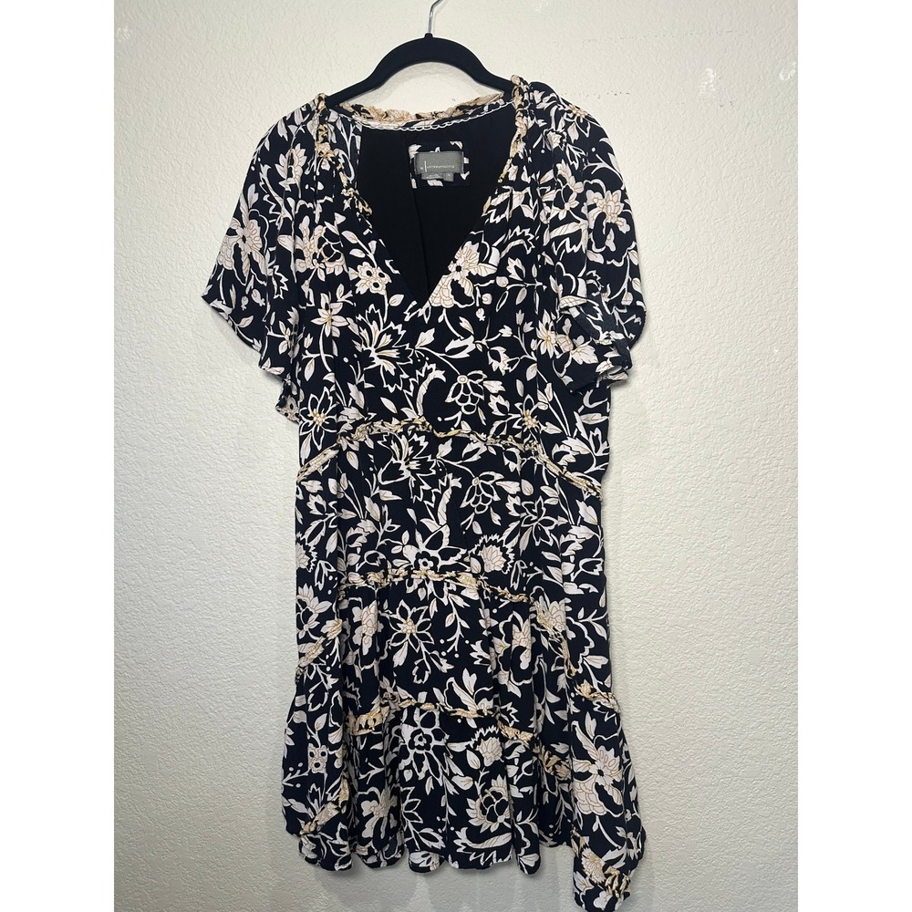 Anthropologie Floral Tiered Mini Dress Black White Gold V-Neck Viscose Large